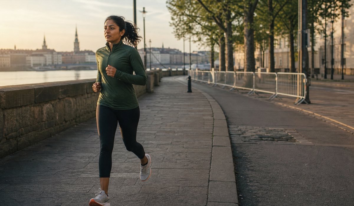 Runner moving along a riverside city route in morning light