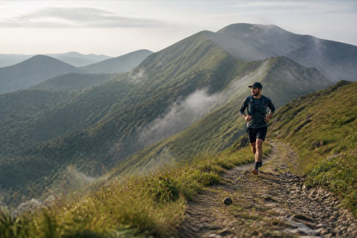 Runner moving along a high mountain trail in early morning light